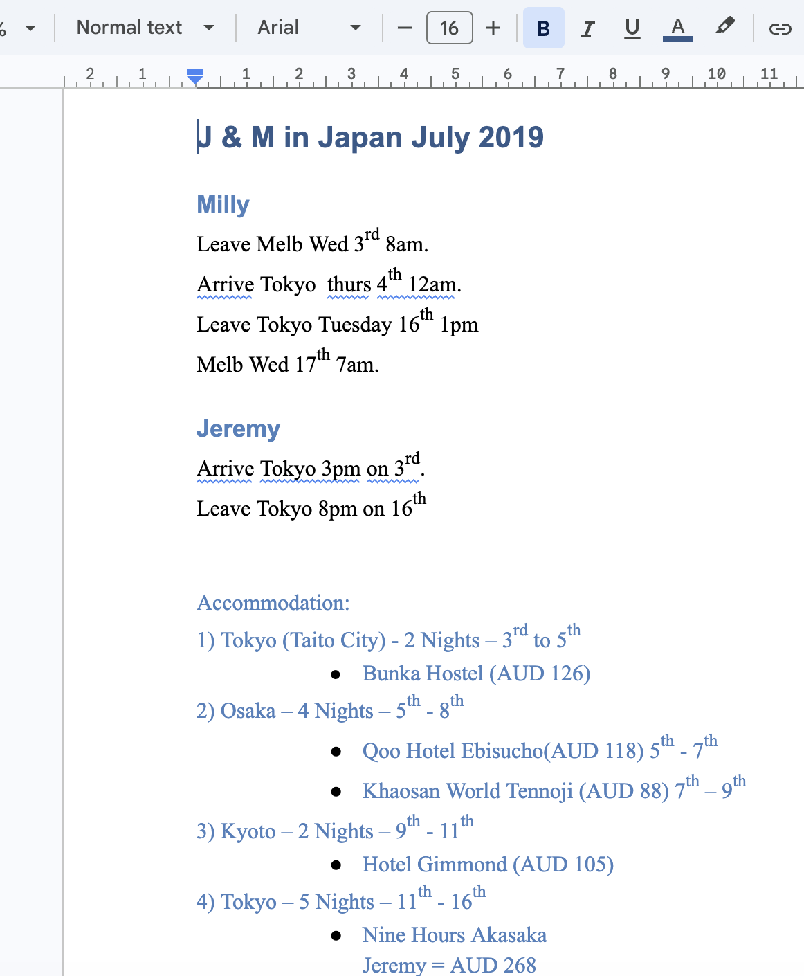 Early travel plans scribbled into a Google doc — page 1
