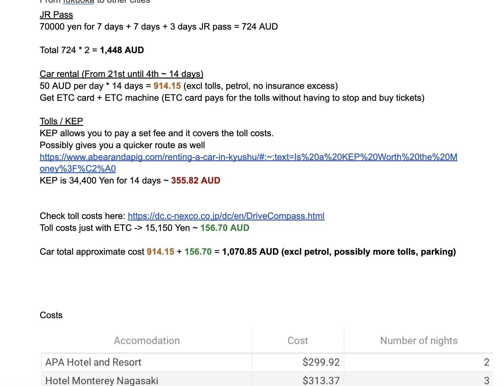 Another scattered spreadsheet with flight and hotel info